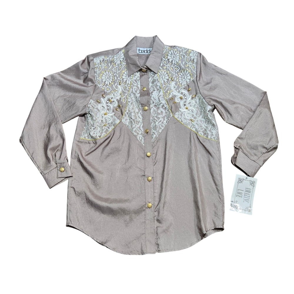 Teddi NWT Vintage Amazing Lace Blouse Taupe Gold Button Western Victorian M NEW